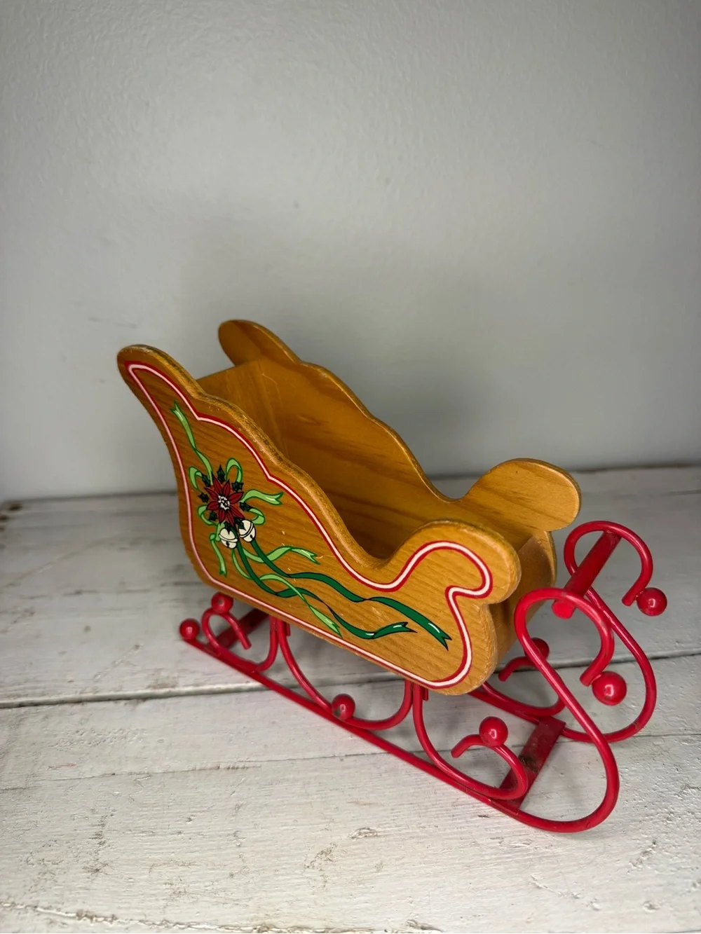Vintage Poinsettia Wooden Sleigh Planter w/Metal Rails. Sleigh 8